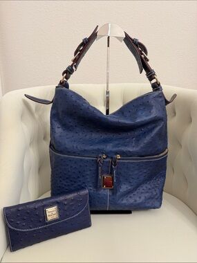 Dooney & Bourke Navy Ostrich-Embossed Shoulder Hobo with Matching Wallet